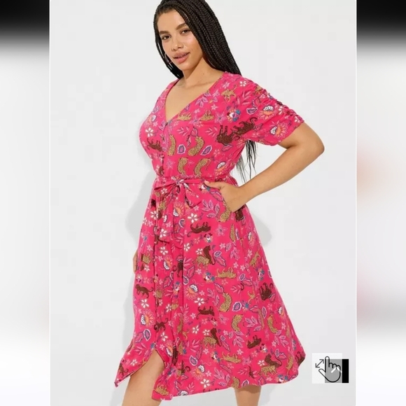 Torrid Pink Midi Button Front Dress 2X Floral Jungle Print Tie Waist - Picture 4 of 15
